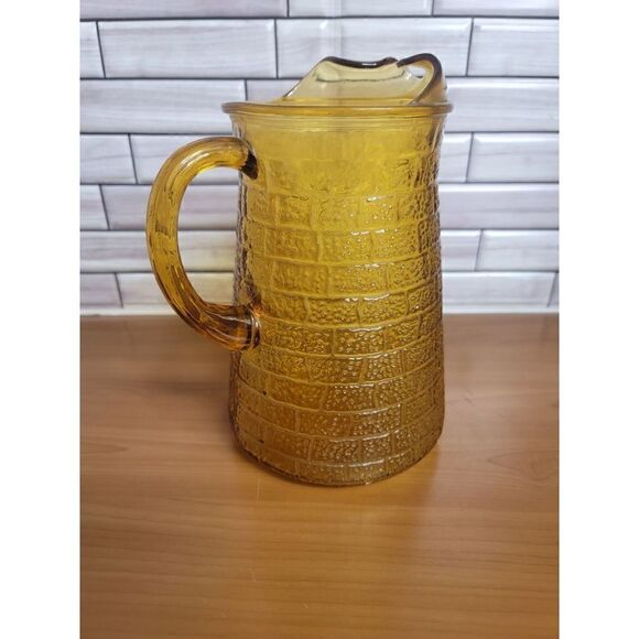 Vintage Anchor Hocking Amber Gold Brick Glass Water Pitcher W/Ice Lip - Picture 2 of 8